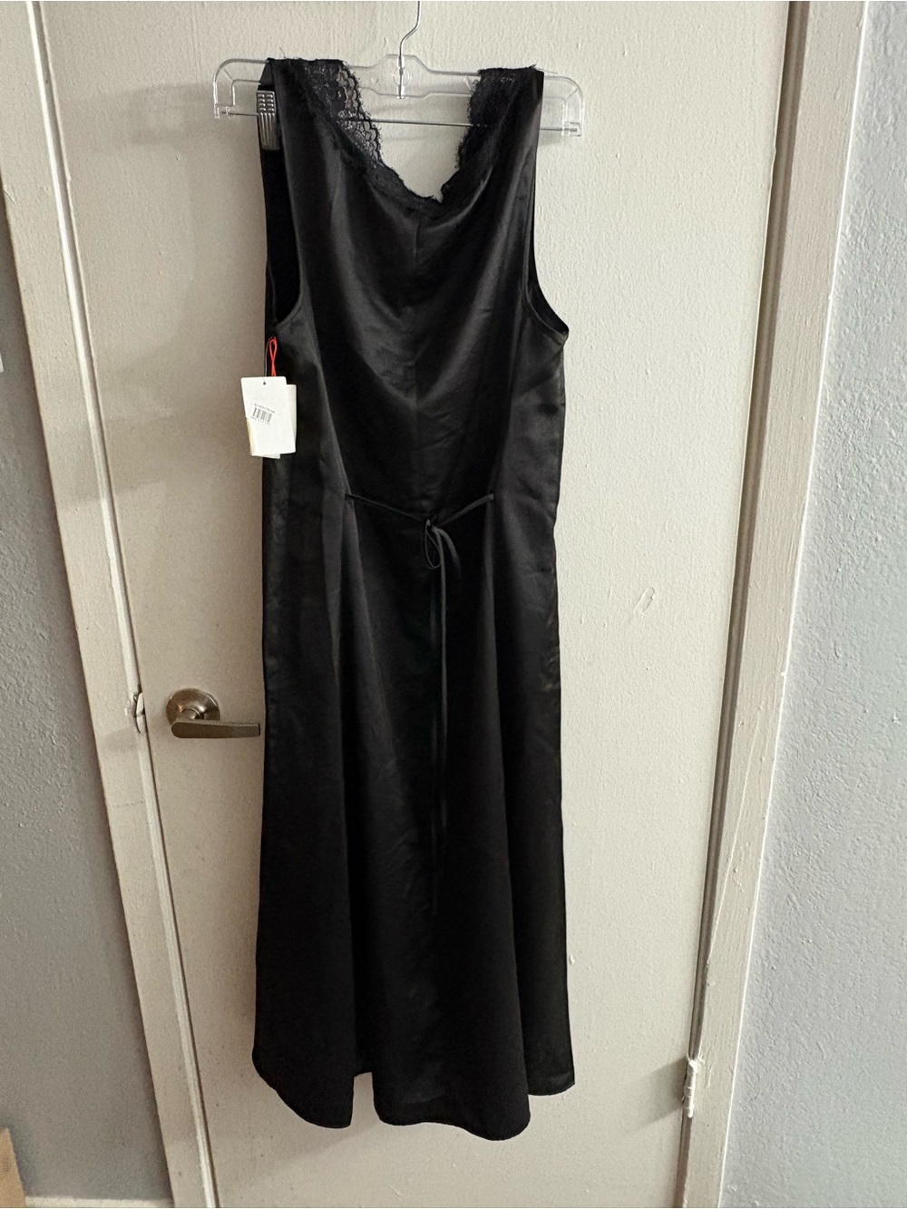 Women's Black Satin Midi Dress with Lace Trim